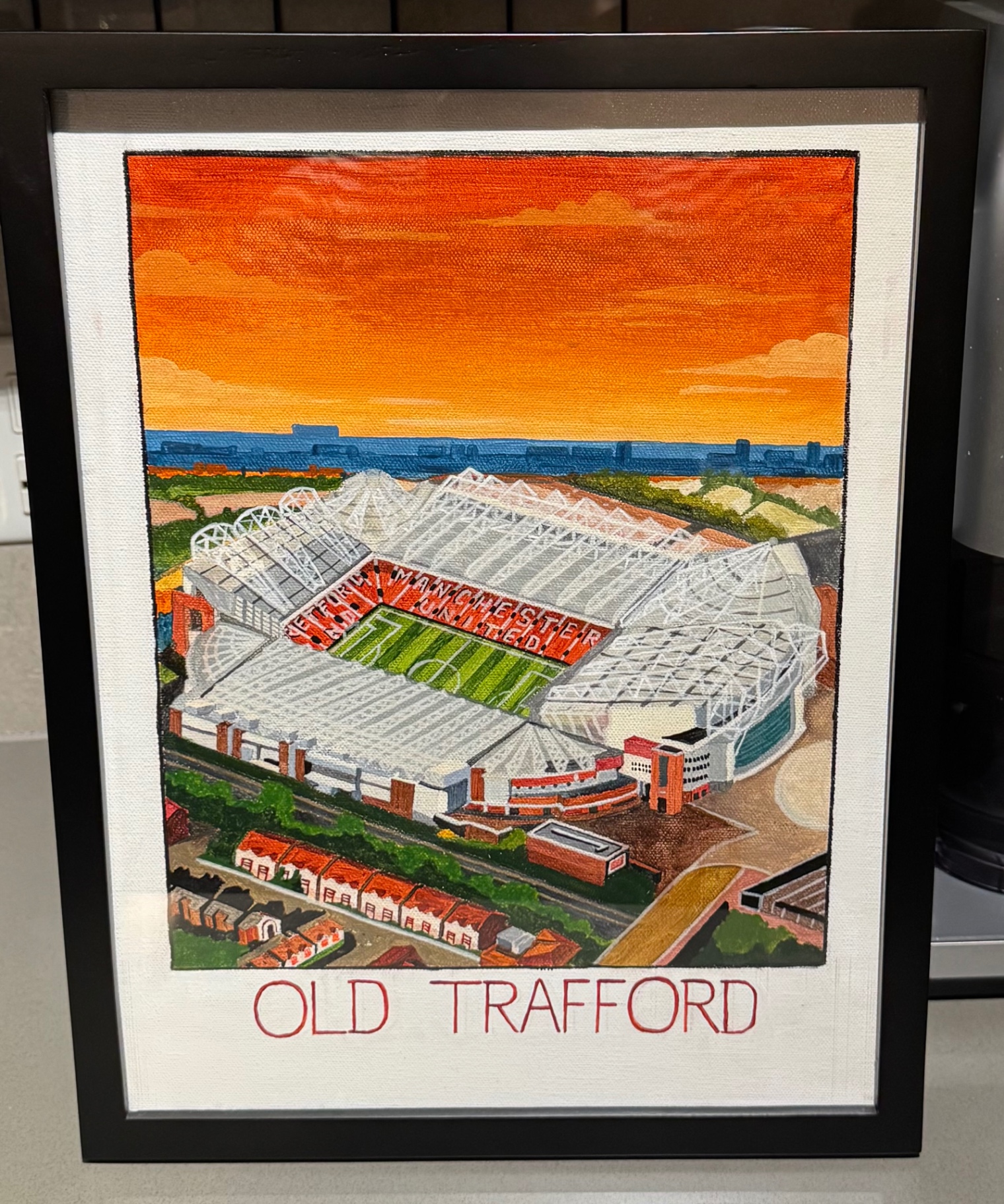 Old Trafford at sunset — travel-poster style