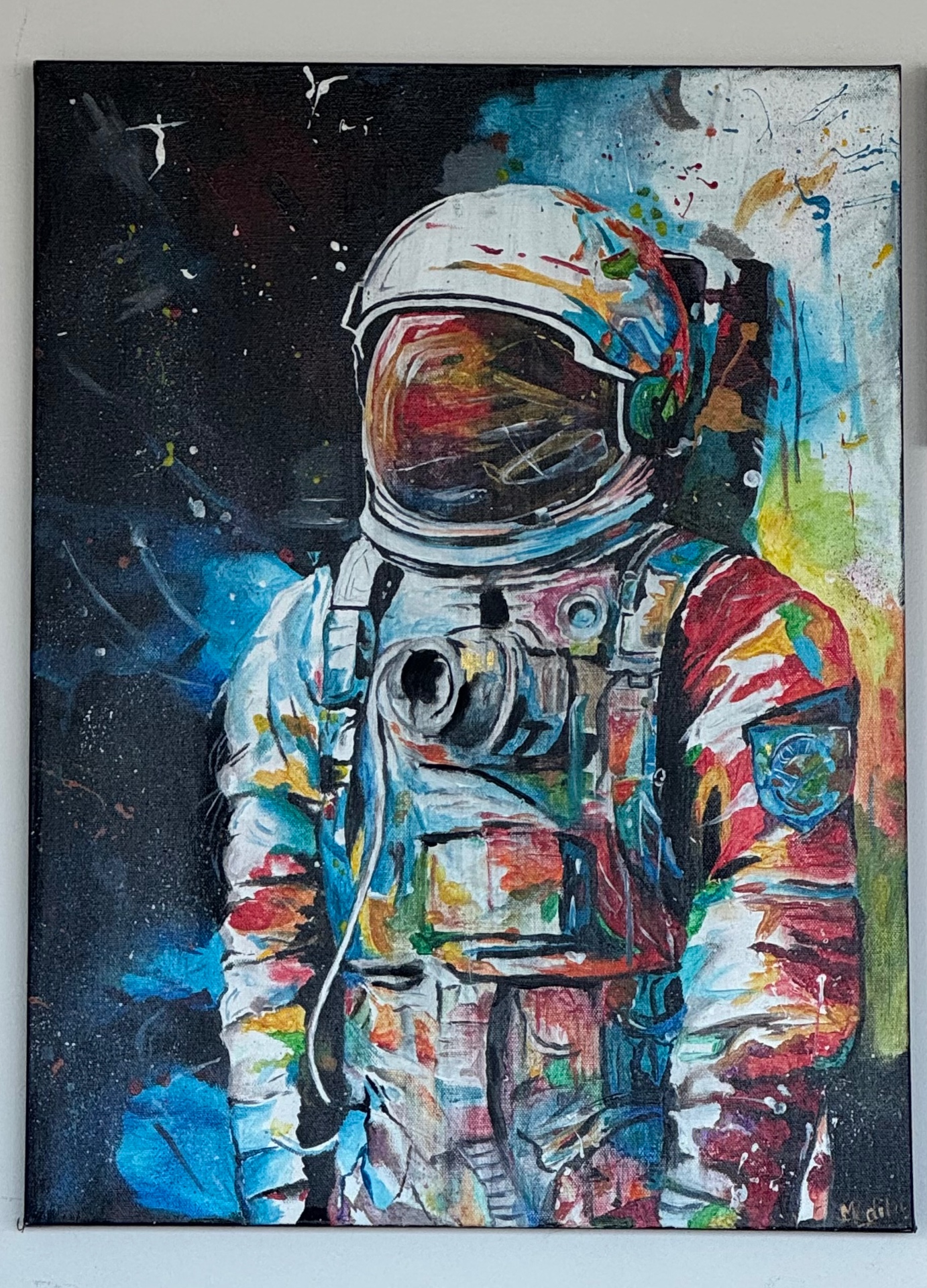 Astronaut in a splatter galaxy — acrylic on canvas