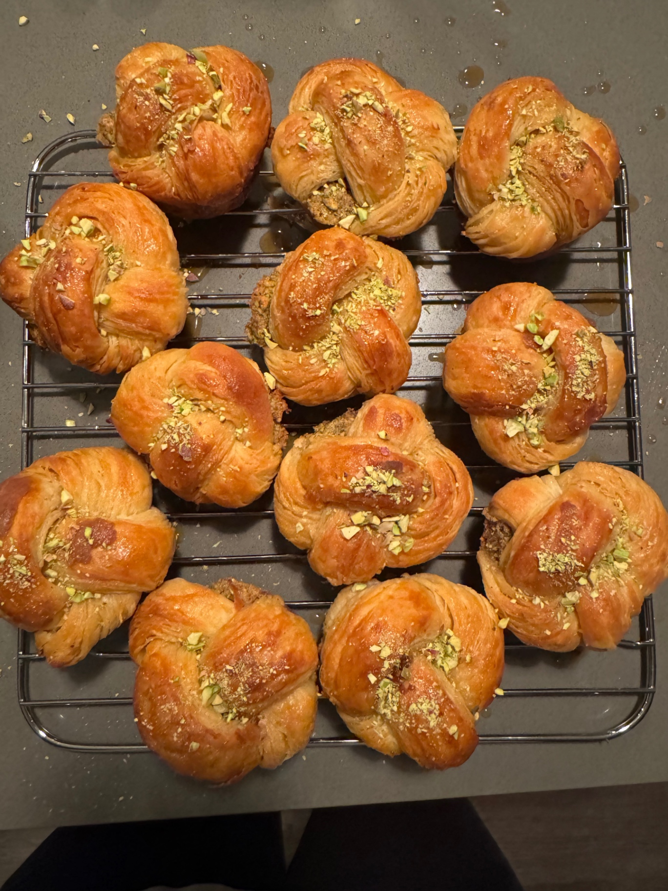 Pistachio-baklava knots, honey-soaked