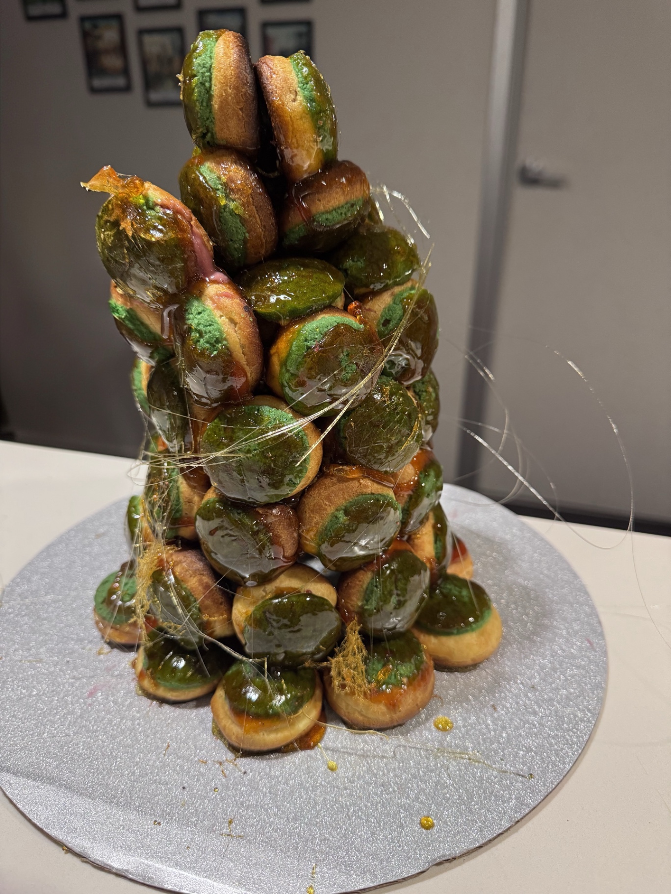 Matcha–yuzu croquembouche with spun sugar