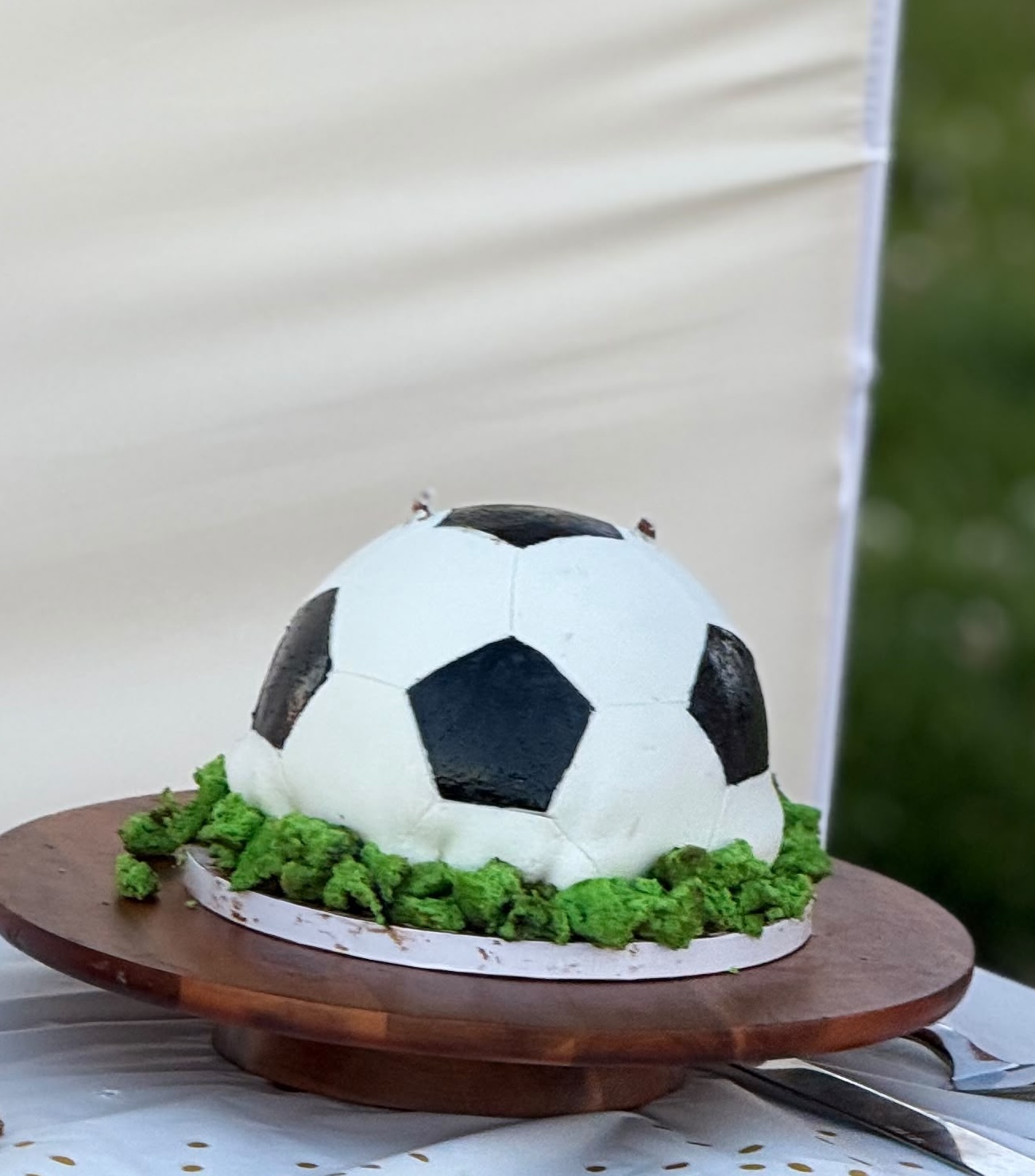 Soccer-ball cake on a grassy buttercream pitch