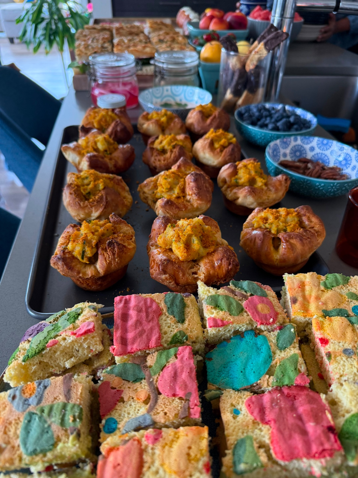 Masala potato stuffed croissant and a rainbow tie-dye milk bread