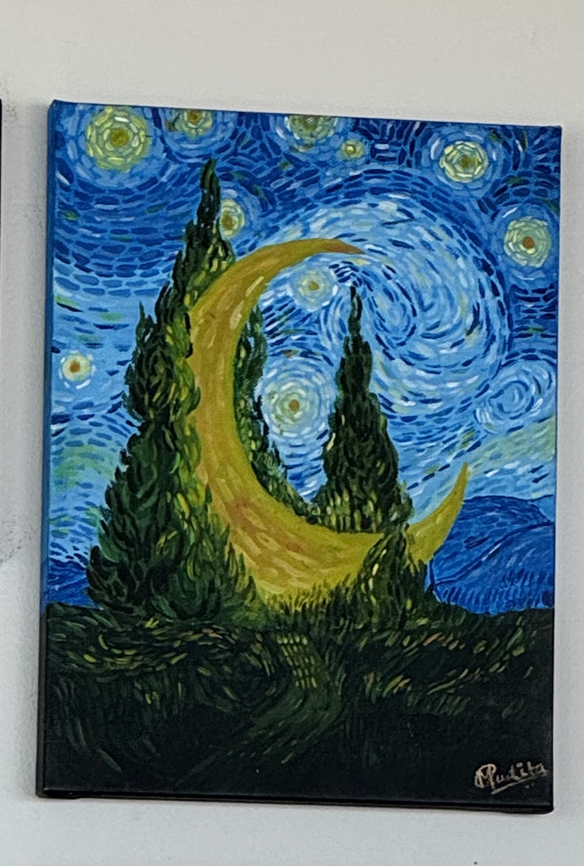 Starry Night study, cypresses and a cradled moon